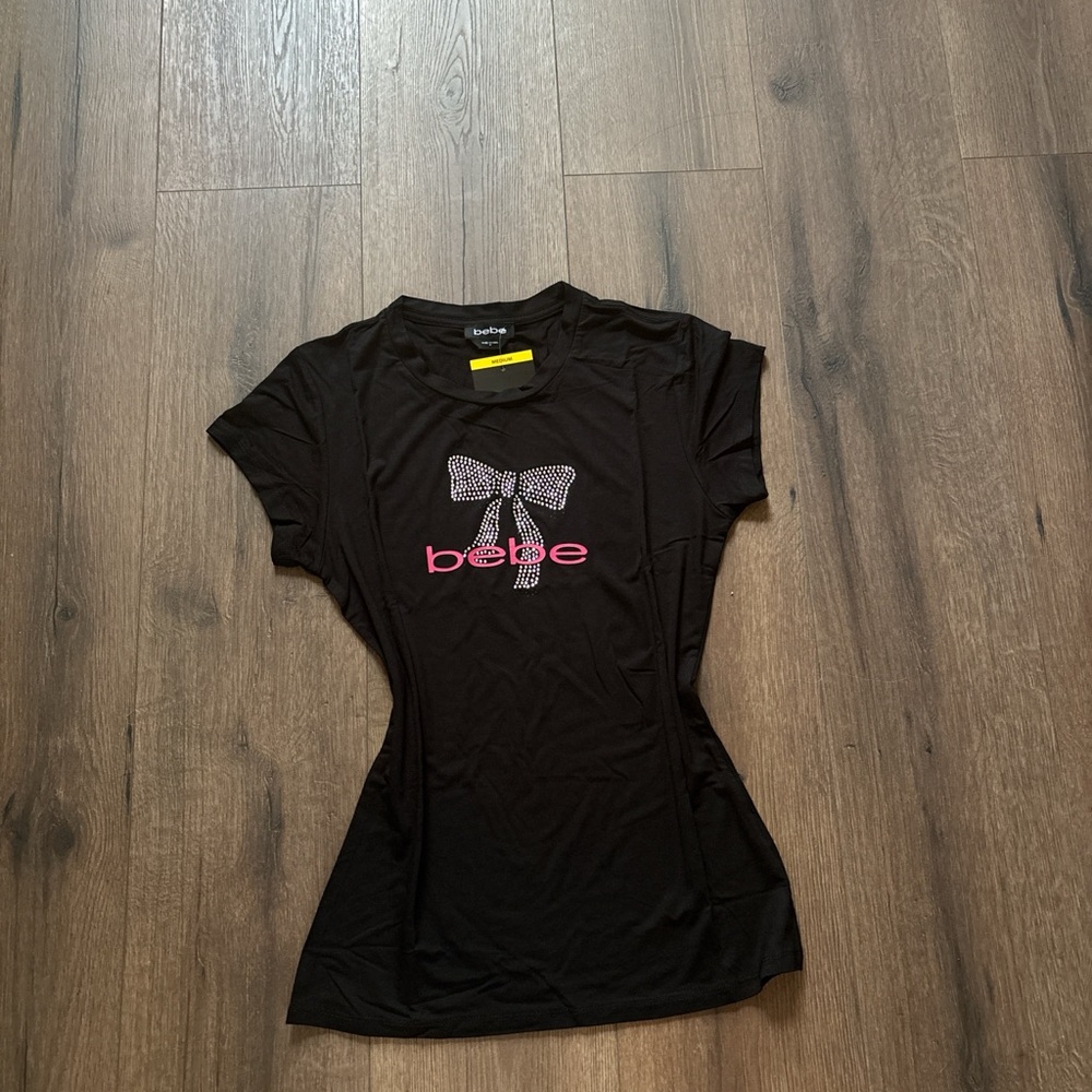 Bebe Black Tee with Rhinestone Bow and Pink Logo
